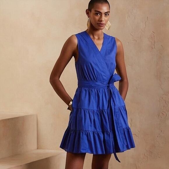 Banana Republic Stampa Tiered Wrap Mini Dress Blue Size Small - Picture 1 of 7
